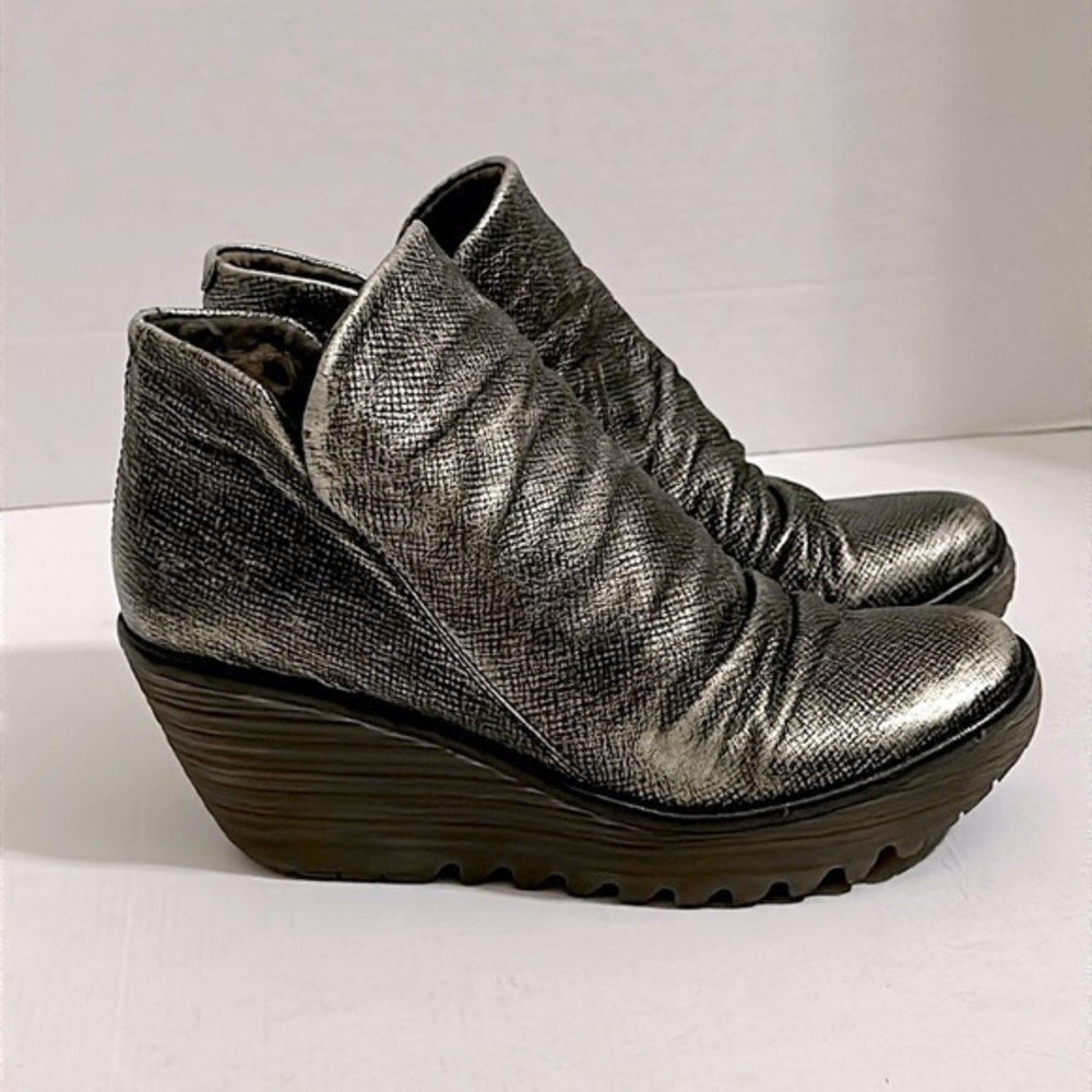 Fly London Antique Silver Yip Wedge Distressed Ankle Boots size 39 or US 8-8.5